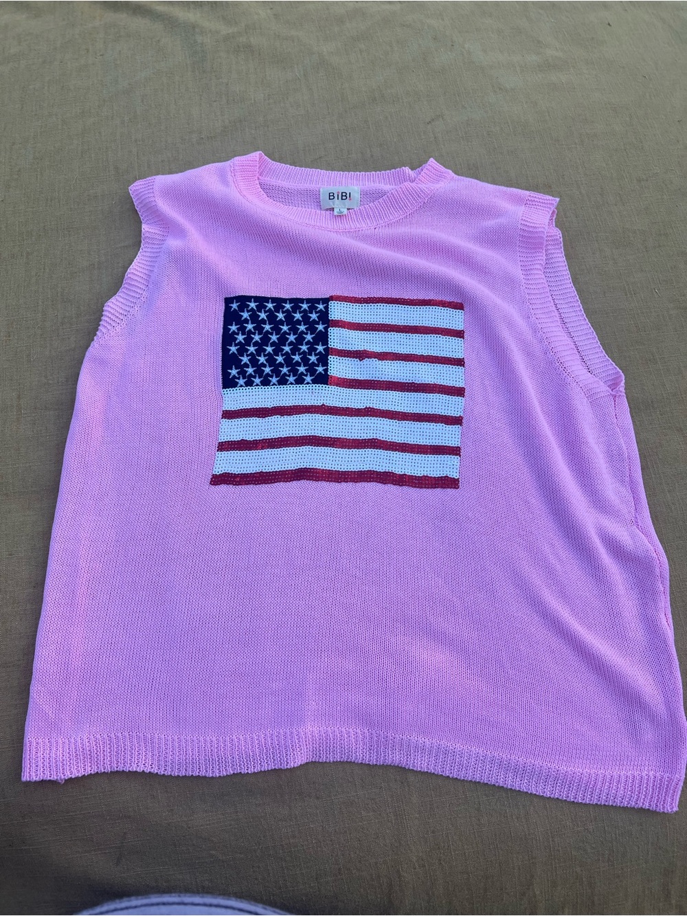 Bibi Pink Knit Sleeveless Sweater w/Sequin American Flag Size L Barbiecore